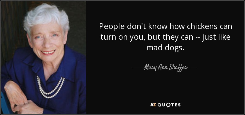 People don't know how chickens can turn on you, but they can -- just like mad dogs. - Mary Ann Shaffer