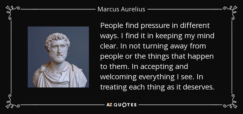 People find pressure in different ways. I find it in keeping my mind clear. In not turning away from people or the things that happen to them. In accepting and welcoming everything I see. In treating each thing as it deserves. - Marcus Aurelius