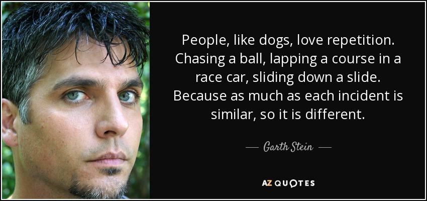 People, like dogs, love repetition. Chasing a ball, lapping a course in a race car, sliding down a slide. Because as much as each incident is similar, so it is different. - Garth Stein