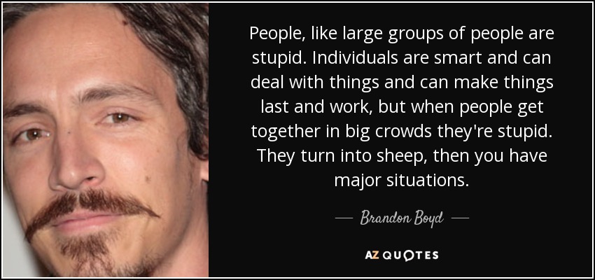 People, like large groups of people are stupid. Individuals are smart and can deal with things and can make things last and work, but when people get together in big crowds they're stupid. They turn into sheep, then you have major situations. - Brandon Boyd