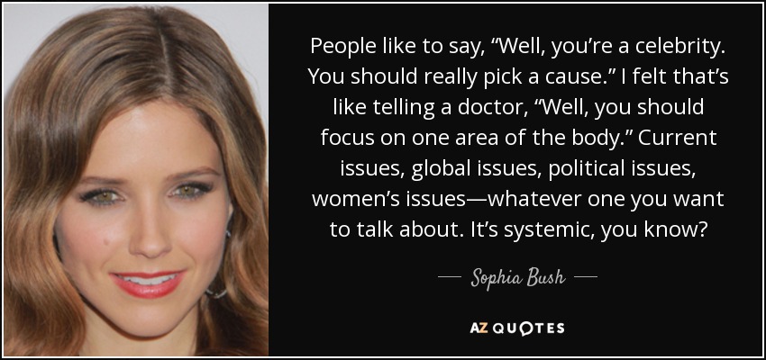 People like to say, “Well, you’re a celebrity. You should really pick a cause.” I felt that’s like telling a doctor, “Well, you should focus on one area of the body.” Current issues, global issues, political issues, women’s issues—whatever one you want to talk about. It’s systemic, you know? - Sophia Bush