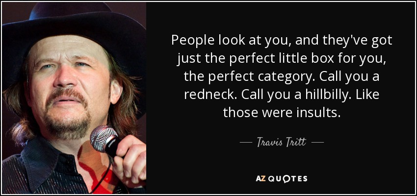People look at you, and they've got just the perfect little box for you, the perfect category. Call you a redneck. Call you a hillbilly. Like those were insults. - Travis Tritt