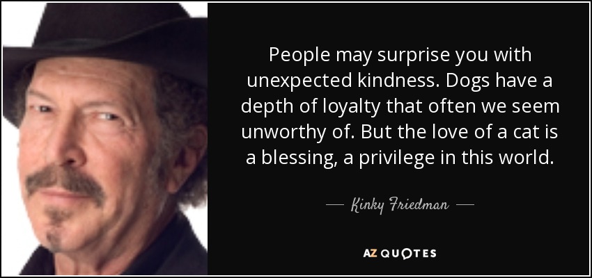 People may surprise you with unexpected kindness. Dogs have a depth of loyalty that often we seem unworthy of. But the love of a cat is a blessing, a privilege in this world. - Kinky Friedman