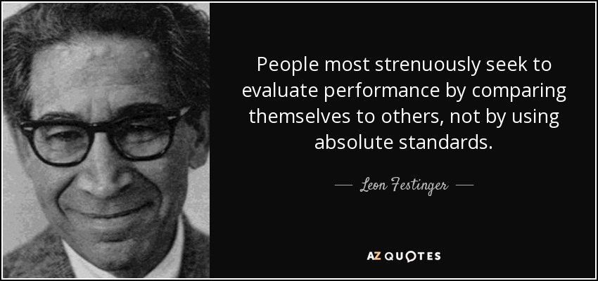 People most strenuously seek to evaluate performance by comparing themselves to others, not by using absolute standards. - Leon Festinger