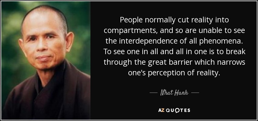 People normally cut reality into compartments, and so are unable to see the interdependence of all phenomena. To see one in all and all in one is to break through the great barrier which narrows one's perception of reality. - Nhat Hanh