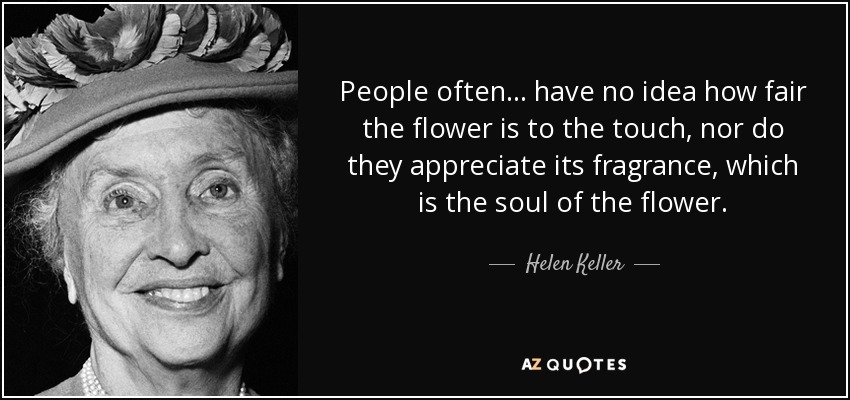 People often ... have no idea how fair the flower is to the touch, nor do they appreciate its fragrance, which is the soul of the flower. - Helen Keller