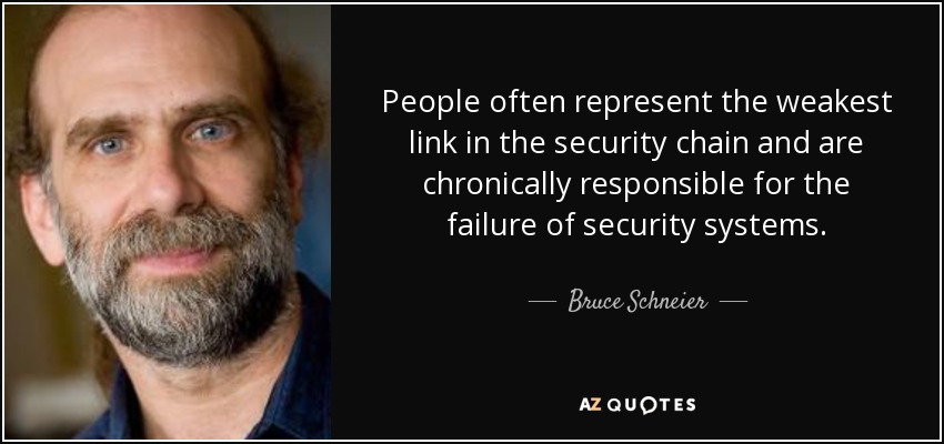 People often represent the weakest link in the security chain and are chronically responsible for the failure of security systems. - Bruce Schneier