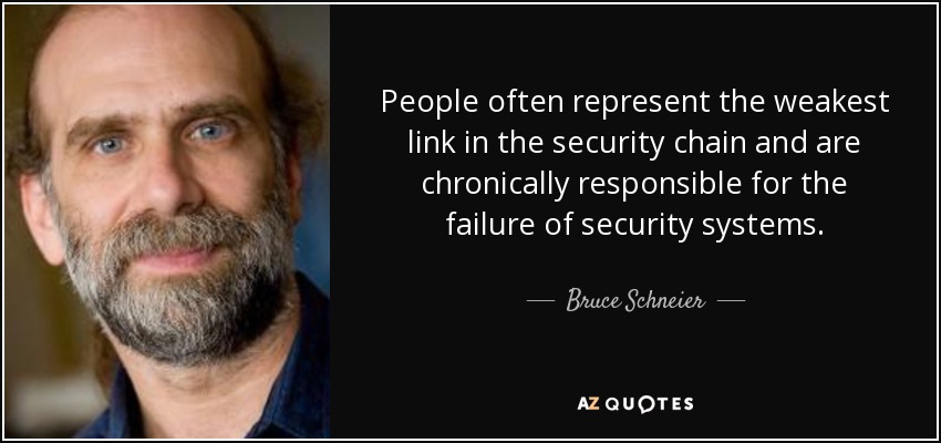 People often represent the weakest link in the security chain and are chronically responsible for the failure of security systems. - Bruce Schneier