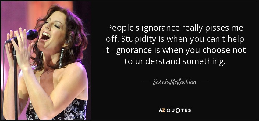 People's ignorance really pisses me off. Stupidity is when you can't help it -ignorance is when you choose not to understand something. - Sarah McLachlan