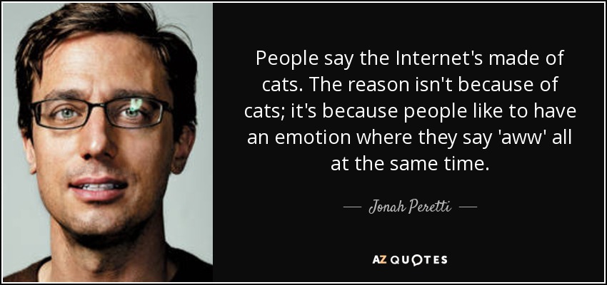 People say the Internet's made of cats. The reason isn't because of cats; it's because people like to have an emotion where they say 'aww' all at the same time. - Jonah Peretti