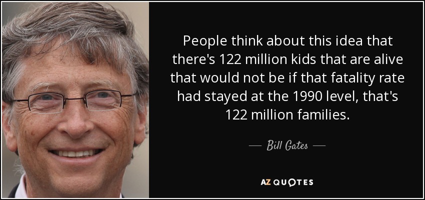 People think about this idea that there's 122 million kids that are alive that would not be if that fatality rate had stayed at the 1990 level, that's 122 million families. - Bill Gates