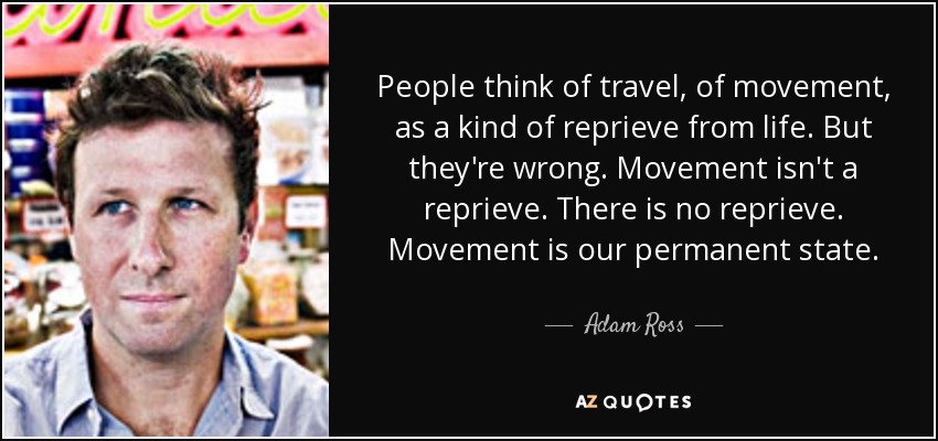 People think of travel, of movement, as a kind of reprieve from life. But they're wrong. Movement isn't a reprieve. There is no reprieve. Movement is our permanent state. - Adam Ross