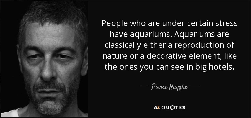 People who are under certain stress have aquariums. Aquariums are classically either a reproduction of nature or a decorative element, like the ones you can see in big hotels. - Pierre Huyghe