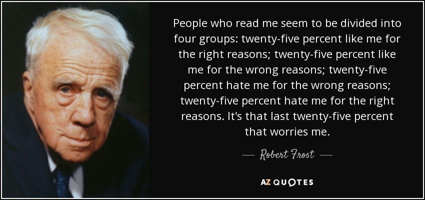 People who read me seem to be divided into four groups: twenty-five percent like me for the right reasons; twenty-five percent like me for the wrong reasons; twenty-five percent hate me for the wrong reasons; twenty-five percent hate me for the right reasons. It's that last twenty-five percent that worries me. - Robert Frost