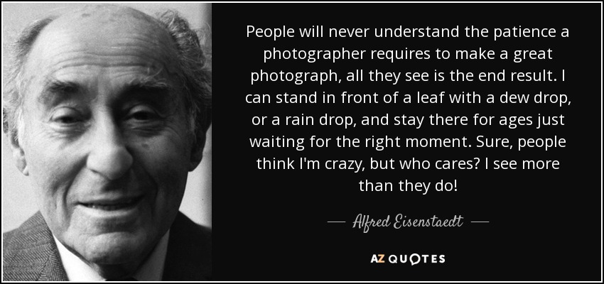 People will never understand the patience a photographer requires to make a great photograph, all they see is the end result. I can stand in front of a leaf with a dew drop, or a rain drop, and stay there for ages just waiting for the right moment. Sure, people think I'm crazy, but who cares? I see more than they do! - Alfred Eisenstaedt