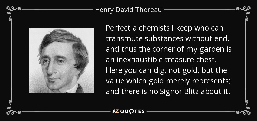 Perfect alchemists I keep who can transmute substances without end, and thus the corner of my garden is an inexhaustible treasure-chest. Here you can dig, not gold, but the value which gold merely represents; and there is no Signor Blitz about it. - Henry David Thoreau