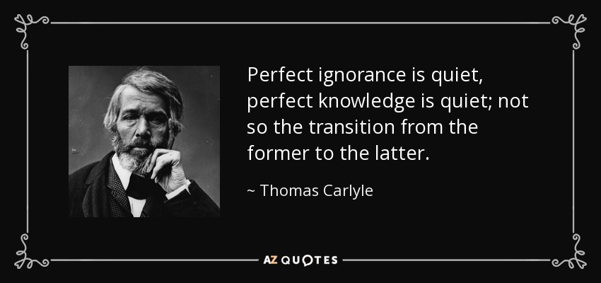 Perfect ignorance is quiet, perfect knowledge is quiet; not so the transition from the former to the latter. - Thomas Carlyle