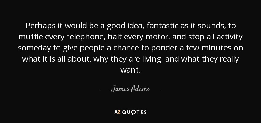 Perhaps it would be a good idea, fantastic as it sounds, to muffle every telephone, halt every motor, and stop all activity someday to give people a chance to ponder a few minutes on what it is all about, why they are living, and what they really want. - James Adams