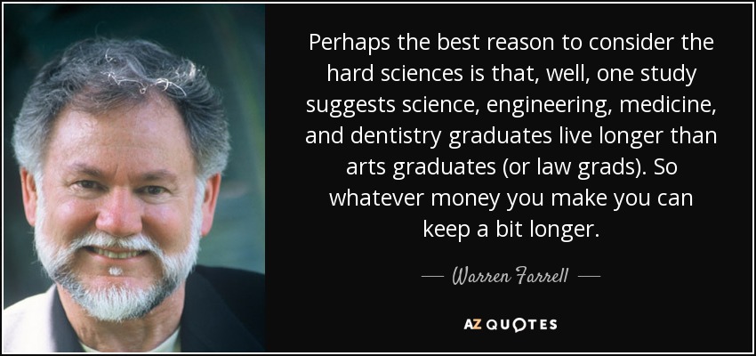 Perhaps the best reason to consider the hard sciences is that, well, one study suggests science, engineering, medicine, and dentistry graduates live longer than arts graduates (or law grads). So whatever money you make you can keep a bit longer. - Warren Farrell