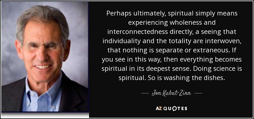 Perhaps ultimately, spiritual simply means experiencing wholeness and interconnectedness directly, a seeing that individuality and the totality are interwoven, that nothing is separate or extraneous. If you see in this way, then everything becomes spiritual in its deepest sense. Doing science is spiritual. So is washing the dishes. - Jon Kabat-Zinn