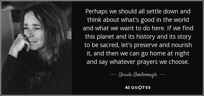 Perhaps we should all settle down and think about what's good in the world and what we want to do here. If we find this planet and its history and its story to be sacred, let's preserve and nourish it, and then we can go home at night and say whatever prayers we choose. - Ursula Goodenough