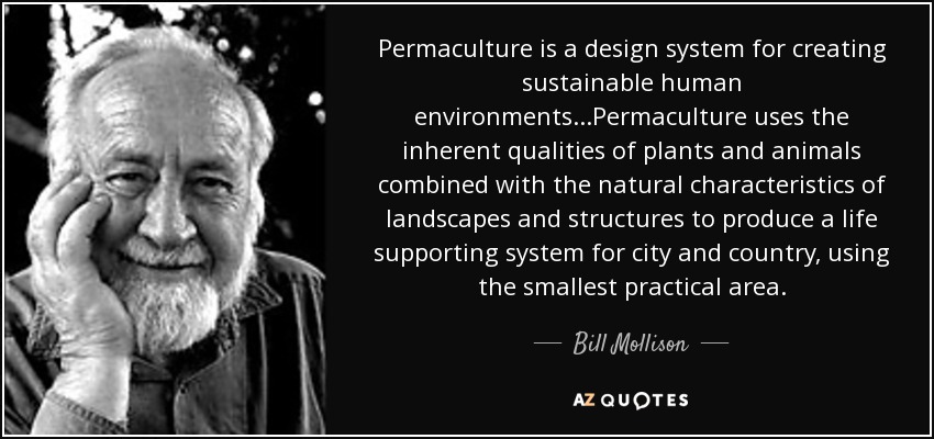 Permaculture is a design system for creating sustainable human environments...Permaculture uses the inherent qualities of plants and animals combined with the natural characteristics of landscapes and structures to produce a life supporting system for city and country, using the smallest practical area. - Bill Mollison