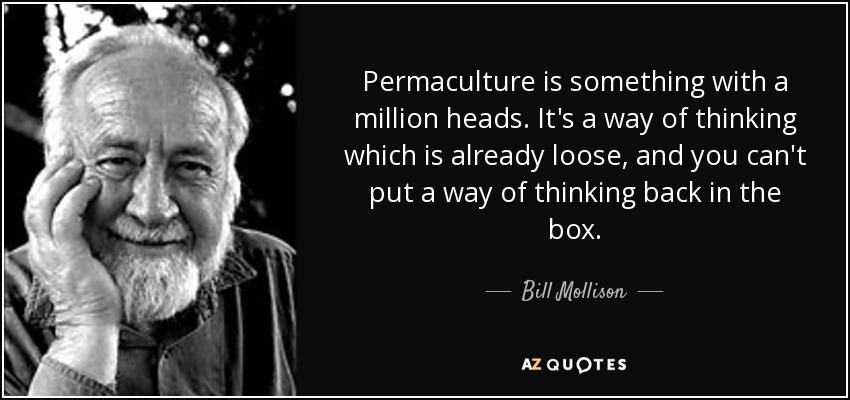 Permaculture is something with a million heads. It's a way of thinking which is already loose, and you can't put a way of thinking back in the box. - Bill Mollison