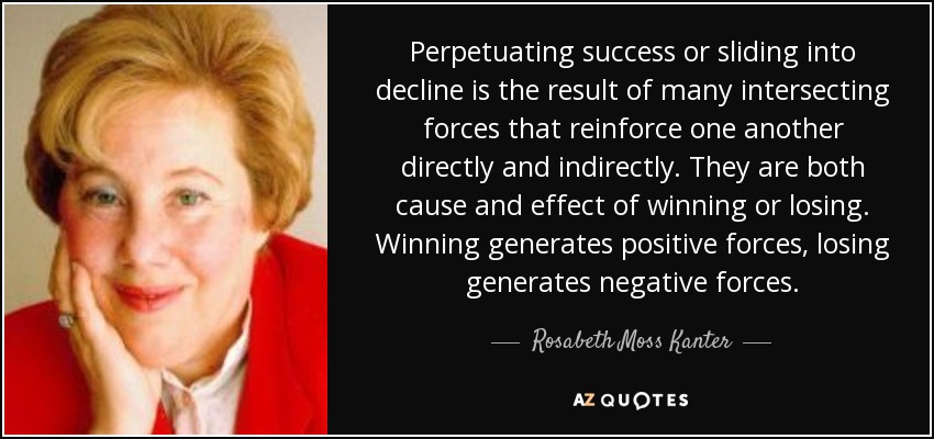 Perpetuating success or sliding into decline is the result of many intersecting forces that reinforce one another directly and indirectly. They are both cause and effect of winning or losing. Winning generates positive forces, losing generates negative forces. - Rosabeth Moss Kanter
