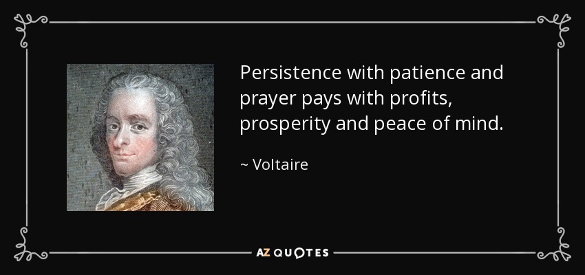 Persistence with patience and prayer pays with profits, prosperity and peace of mind. - Voltaire