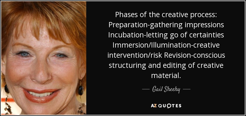 Phases of the creative process: Preparation-gathering impressions Incubation-letting go of certainties Immersion/Illumination-creative intervention/risk Revision-conscious structuring and editing of creative material. - Gail Sheehy