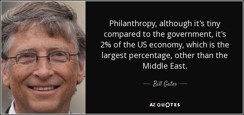 Philanthropy, although it's tiny compared to the government, it's 2% of the US economy, which is the largest percentage, other than the Middle East. - Bill Gates