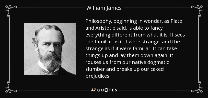 Philosophy, beginning in wonder, as Plato and Aristotle said, is able to fancy everything different from what it is. It sees the familiar as if it were strange, and the strange as if it were familiar. It can take things up and lay them down again. It rouses us from our native dogmatic slumber and breaks up our caked prejudices. - William James