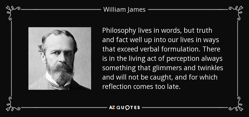 Philosophy lives in words, but truth and fact well up into our lives in ways that exceed verbal formulation. There is in the living act of perception always something that glimmers and twinkles and will not be caught, and for which reflection comes too late. - William James