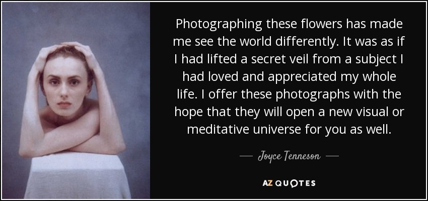 Photographing these flowers has made me see the world differently. It was as if I had lifted a secret veil from a subject I had loved and appreciated my whole life. I offer these photographs with the hope that they will open a new visual or meditative universe for you as well. - Joyce Tenneson
