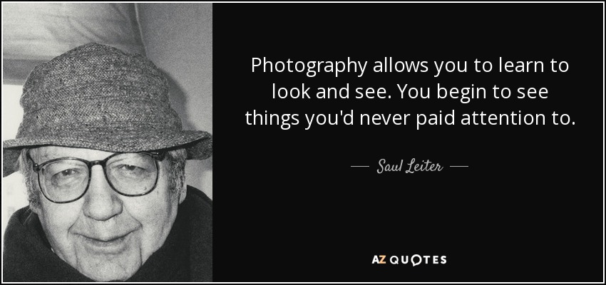 Photography allows you to learn to look and see. You begin to see things you'd never paid attention to. - Saul Leiter