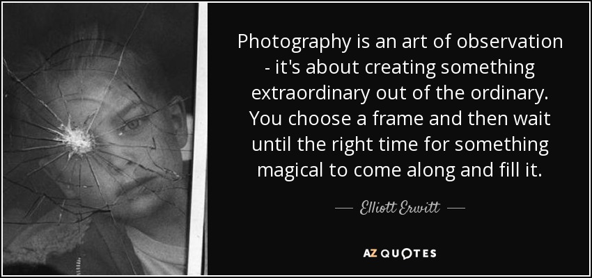 Photography is an art of observation - it's about creating something extraordinary out of the ordinary. You choose a frame and then wait until the right time for something magical to come along and fill it. - Elliott Erwitt