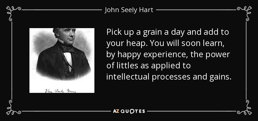 Pick up a grain a day and add to your heap. You will soon learn, by happy experience, the power of littles as applied to intellectual processes and gains. - John Seely Hart