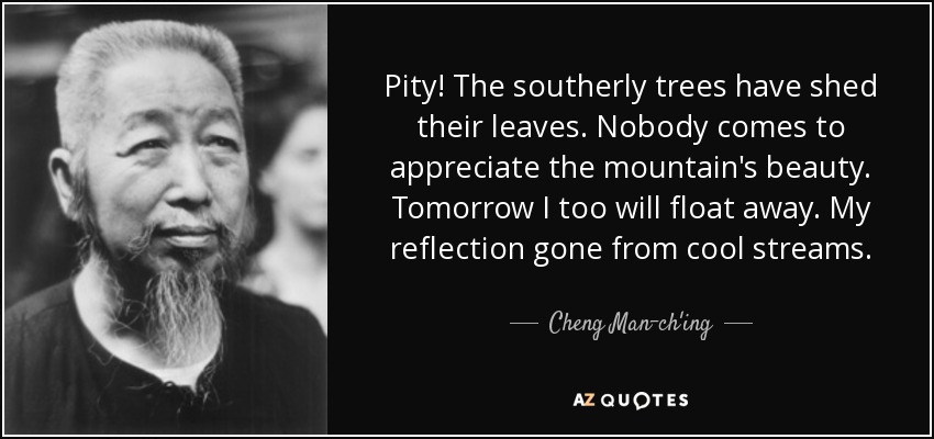 Pity! The southerly trees have shed their leaves. Nobody comes to appreciate the mountain's beauty. Tomorrow I too will float away. My reflection gone from cool streams. - Cheng Man-ch'ing