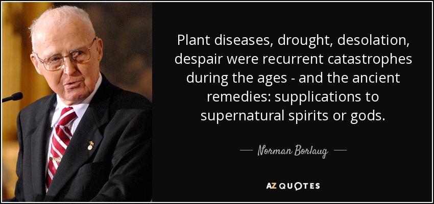 Plant diseases, drought, desolation, despair were recurrent catastrophes during the ages - and the ancient remedies: supplications to supernatural spirits or gods. - Norman Borlaug