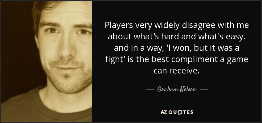 Players very widely disagree with me about what's hard and what's easy. and in a way, 'I won, but it was a fight' is the best compliment a game can receive. - Graham Nelson