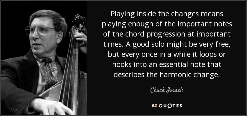 Playing inside the changes means playing enough of the important notes of the chord progression at important times. A good solo might be very free, but every once in a while it loops or hooks into an essential note that describes the harmonic change. - Chuck Israels
