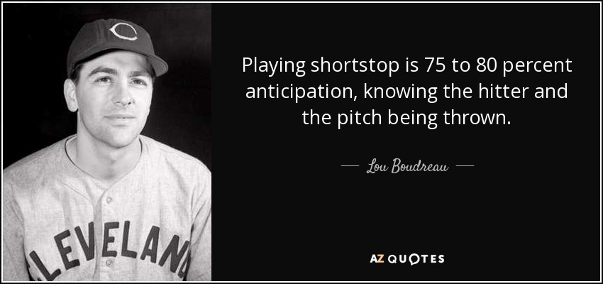 Playing shortstop is 75 to 80 percent anticipation, knowing the hitter and the pitch being thrown. - Lou Boudreau
