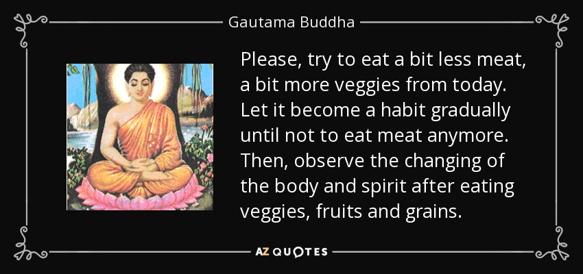 Please, try to eat a bit less meat, a bit more veggies from today. Let it become a habit gradually until not to eat meat anymore. Then, observe the changing of the body and spirit after eating veggies, fruits and grains. - Gautama Buddha