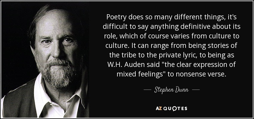 Poetry does so many different things, it's difficult to say anything definitive about its role, which of course varies from culture to culture. It can range from being stories of the tribe to the private lyric, to being as W.H. Auden said 