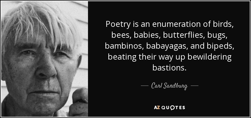 Poetry is an enumeration of birds, bees, babies, butterflies, bugs, bambinos, babayagas, and bipeds, beating their way up bewildering bastions. - Carl Sandburg