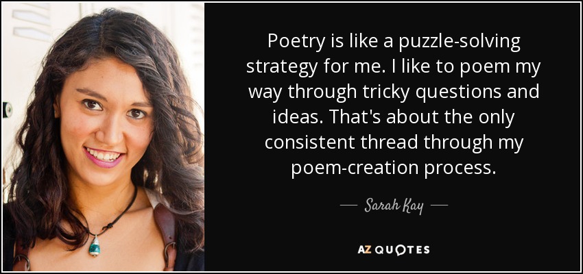 Poetry is like a puzzle-solving strategy for me. I like to poem my way through tricky questions and ideas. That's about the only consistent thread through my poem-creation process. - Sarah Kay