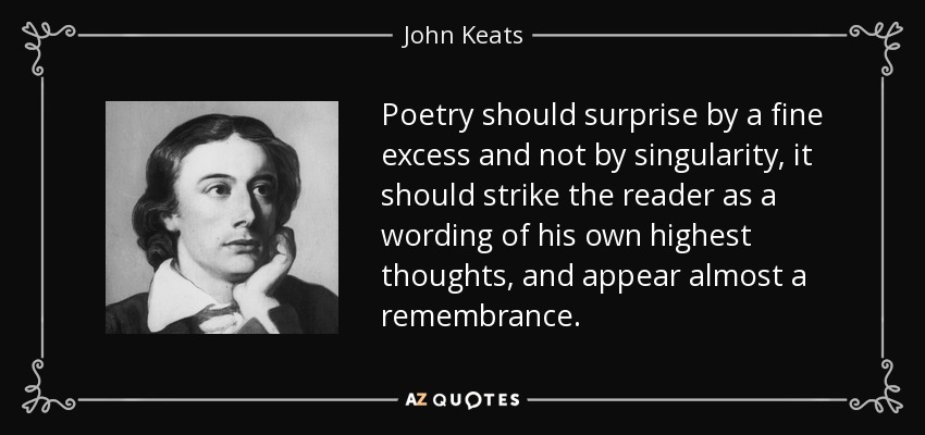 Poetry should surprise by a fine excess and not by singularity, it should strike the reader as a wording of his own highest thoughts, and appear almost a remembrance. - John Keats