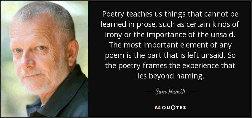 Poetry teaches us things that cannot be learned in prose, such as certain kinds of irony or the importance of the unsaid. The most important element of any poem is the part that is left unsaid. So the poetry frames the experience that lies beyond naming. - Sam Hamill