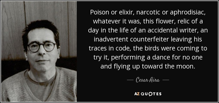 Poison or elixir, narcotic or aphrodisiac, whatever it was, this flower, relic of a day in the life of an accidental writer, an inadvertent counterfeiter leaving his traces in code, the birds were coming to try it, performing a dance for no one and flying up toward the moon. - Cesar Aira
