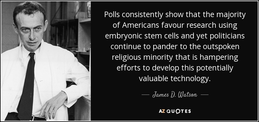 Polls consistently show that the majority of Americans favour research using embryonic stem cells and yet politicians continue to pander to the outspoken religious minority that is hampering efforts to develop this potentially valuable technology. - James D. Watson